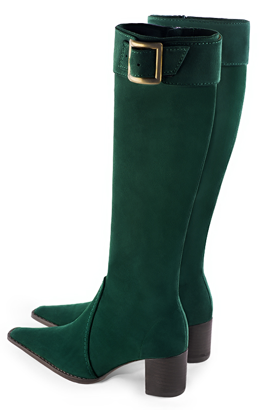Forest green women's feminine knee-high boots. Tapered toe. Medium block heels. Made to measure. Rear view - Florence KOOIJMAN